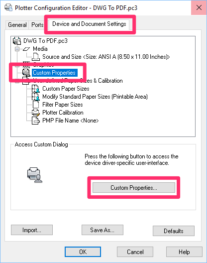 Plotter Configuration Editor, Device and Document Settings tab