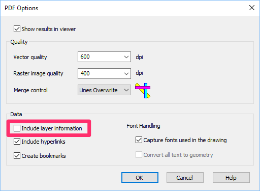 PDF Options dialog box, Include layer information option unchecked