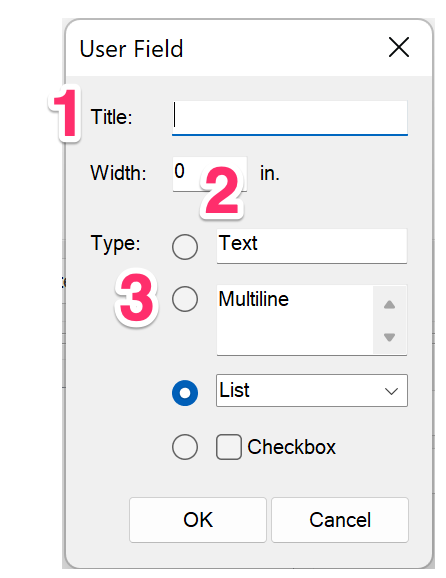Name and column width, custom User Field
