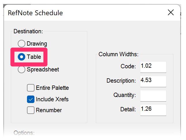 RefNotes Schedule, Table option