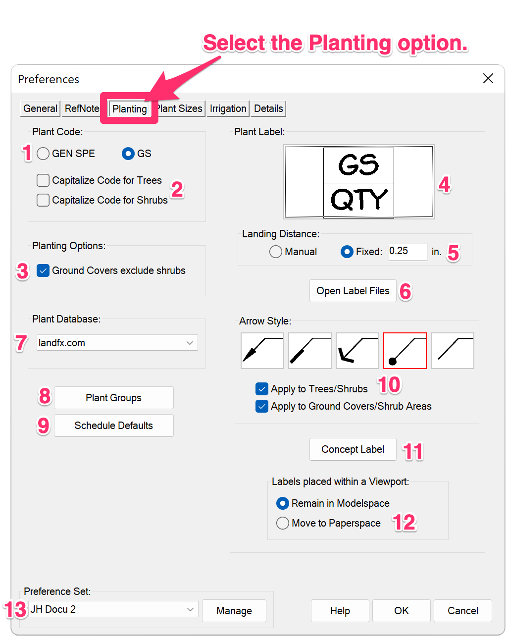 Planting Preferences screen, overview