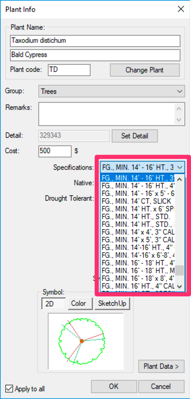 Specifications menu, Edit Plant dialog box