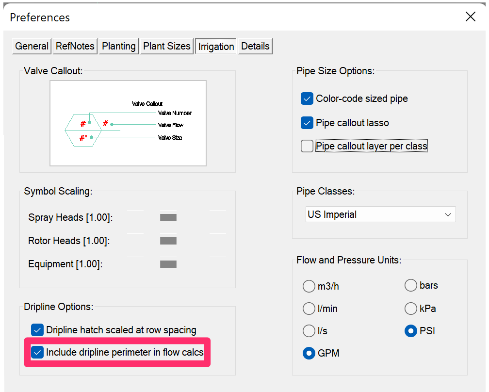 Include dripline perimeter in flow calcs option