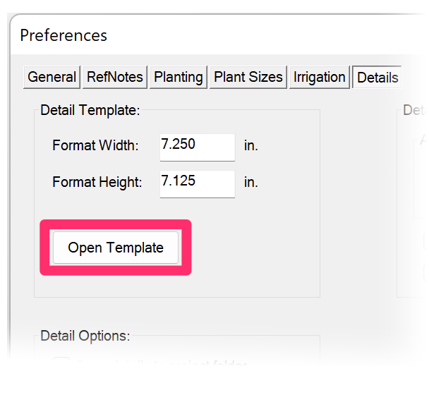 Open Template button for customizing the basic detail title block