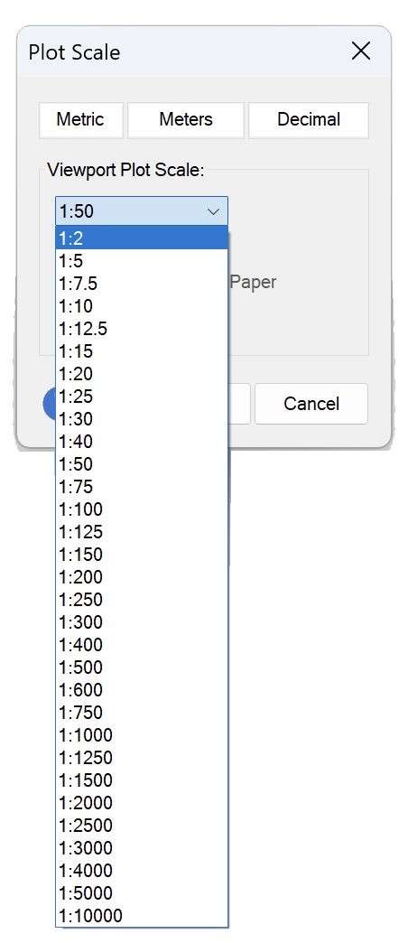 Plot Scale dialog box showing metric scale and units