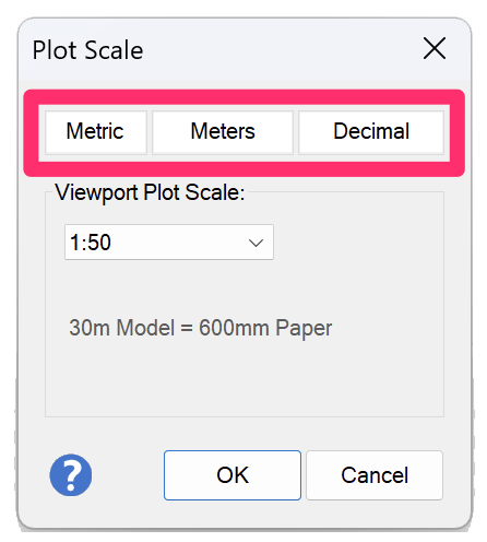 Plot Scale dialog box showing metric scale and units