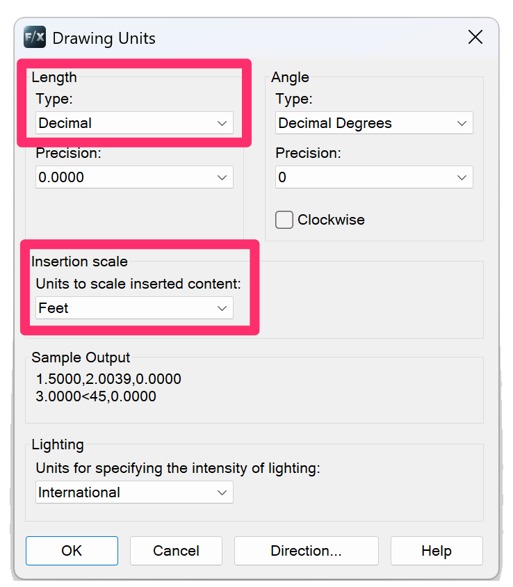 Drawing Units dialog box, Length: Type and Insertion Scale menus