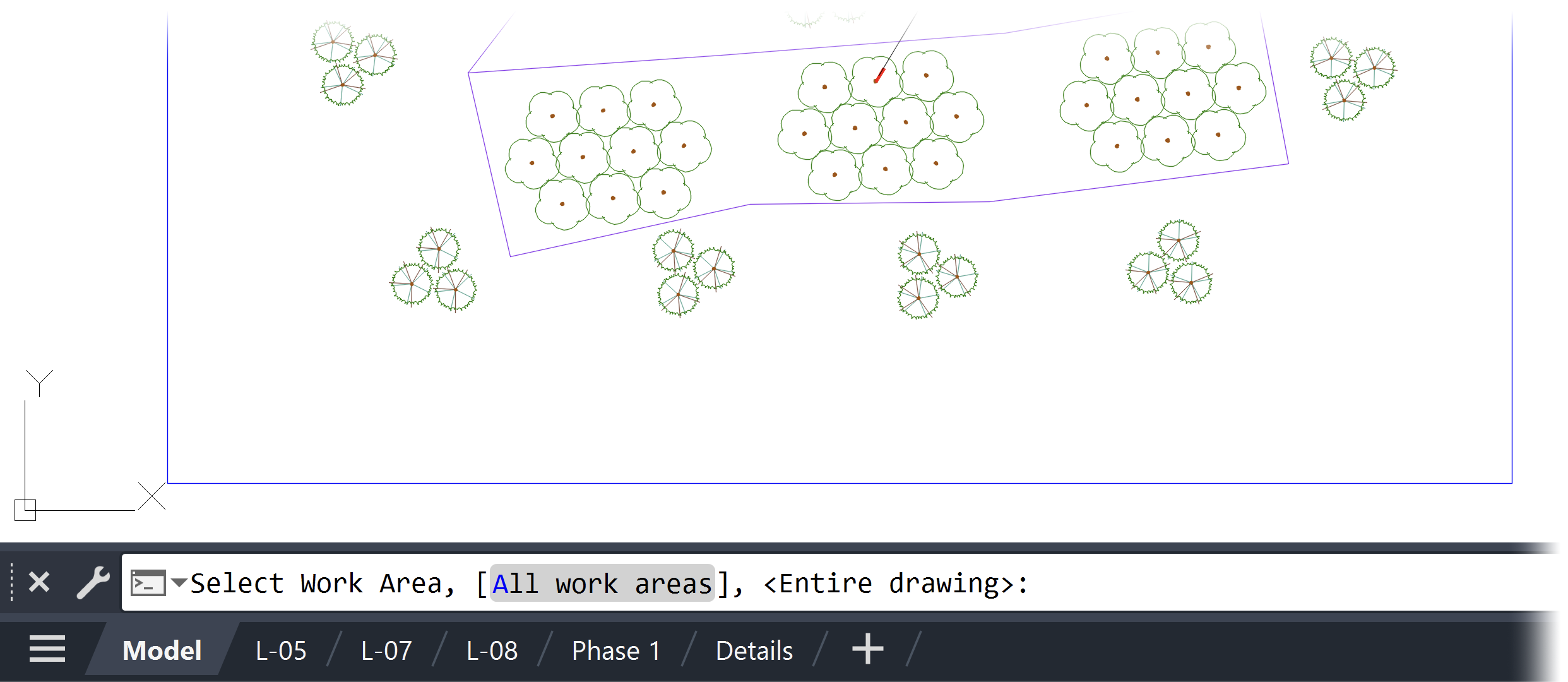 Command line showing options for running a Plant Schedule on All Work Areas or the Entire drawing