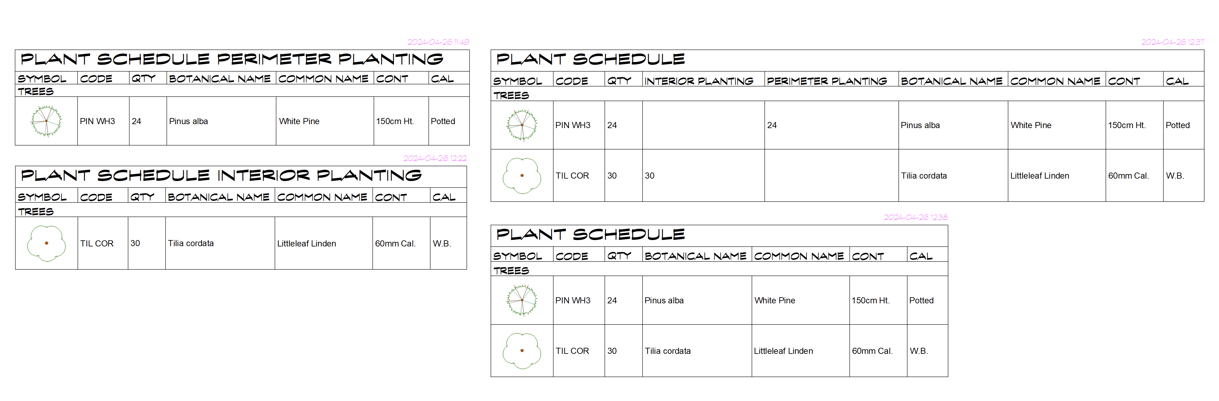 Example Plant Schedules based on All Work Areas, the Entire drawing, and limited to specific Work Areas