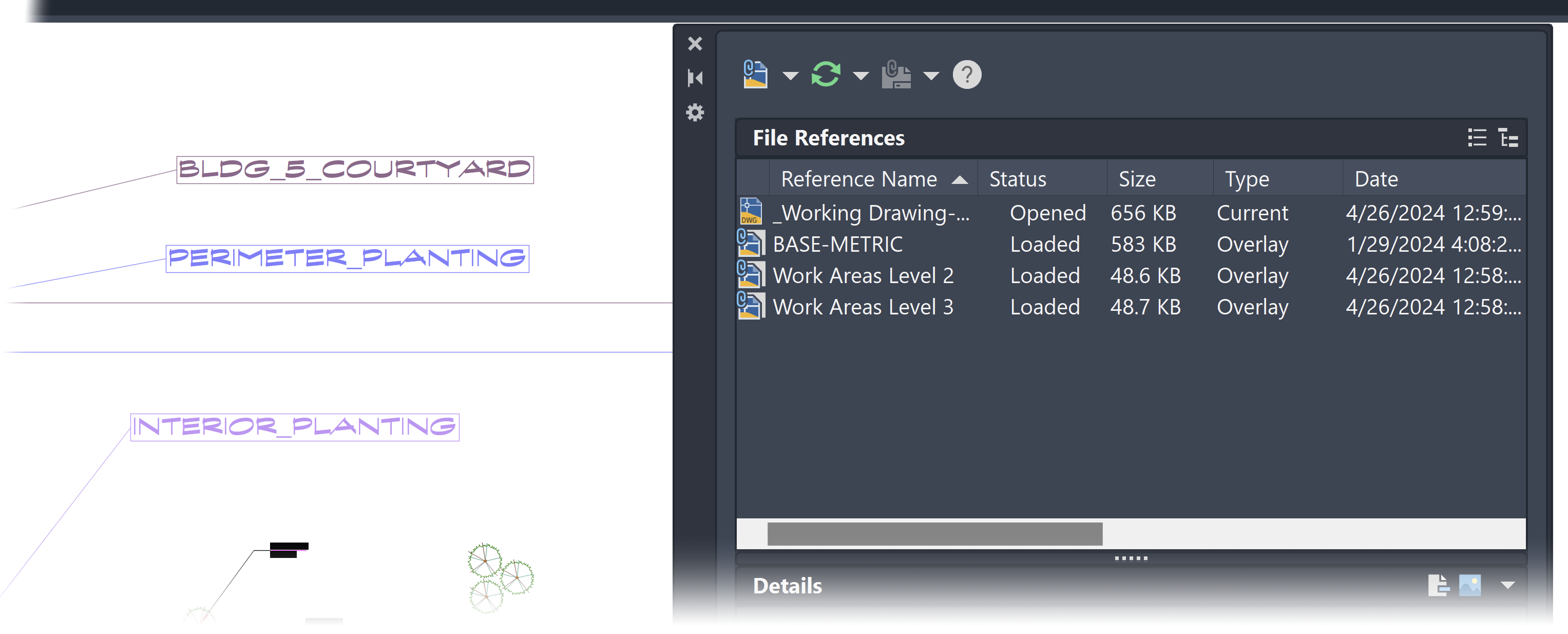 Example showing nesting order of Work Areas included in separate Xrefs