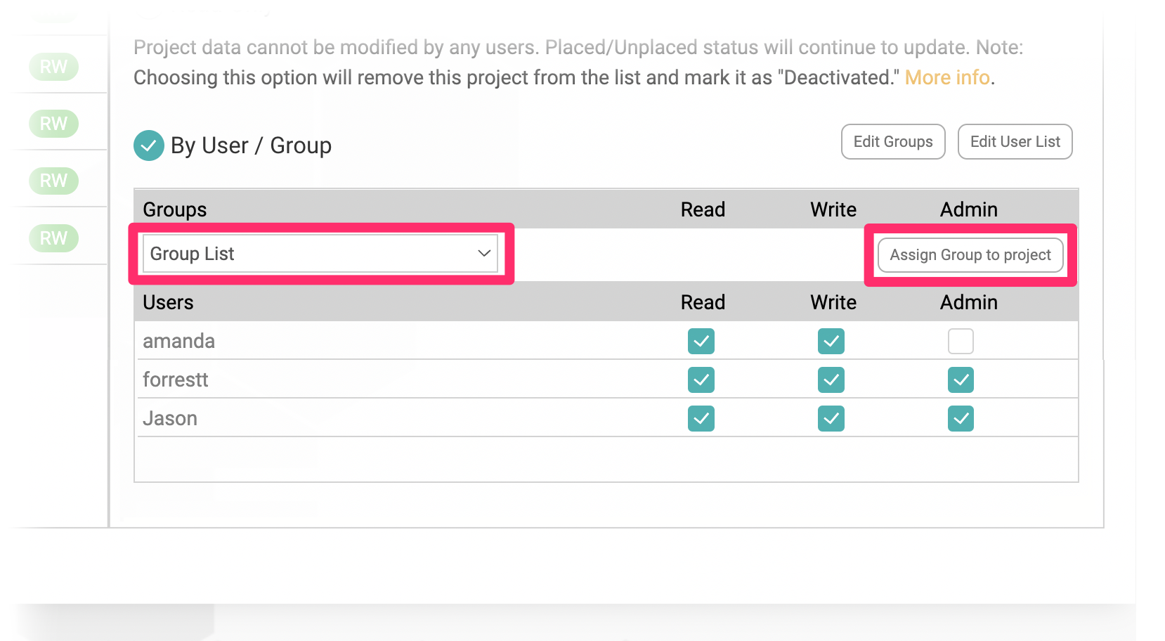 Group List menu and Assign Group to Project button