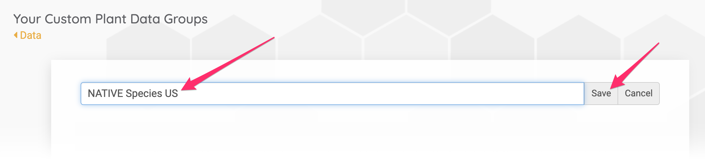 Naming a plant data group and clicking the Save button