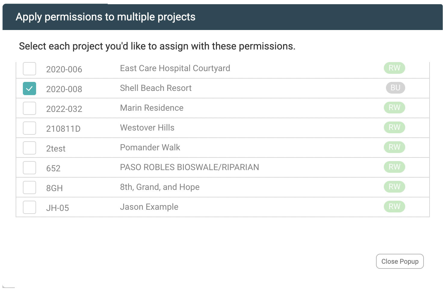 Apply Permissions to Multiple Projects popup