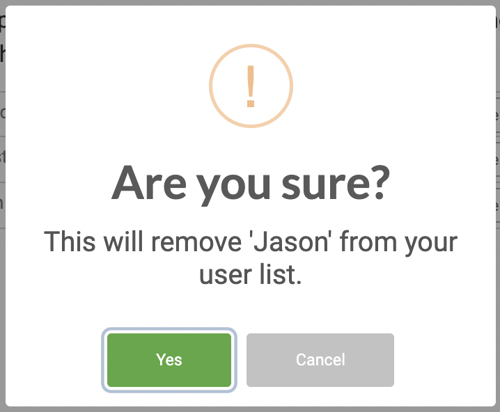 Are you sure you want to delete user popup