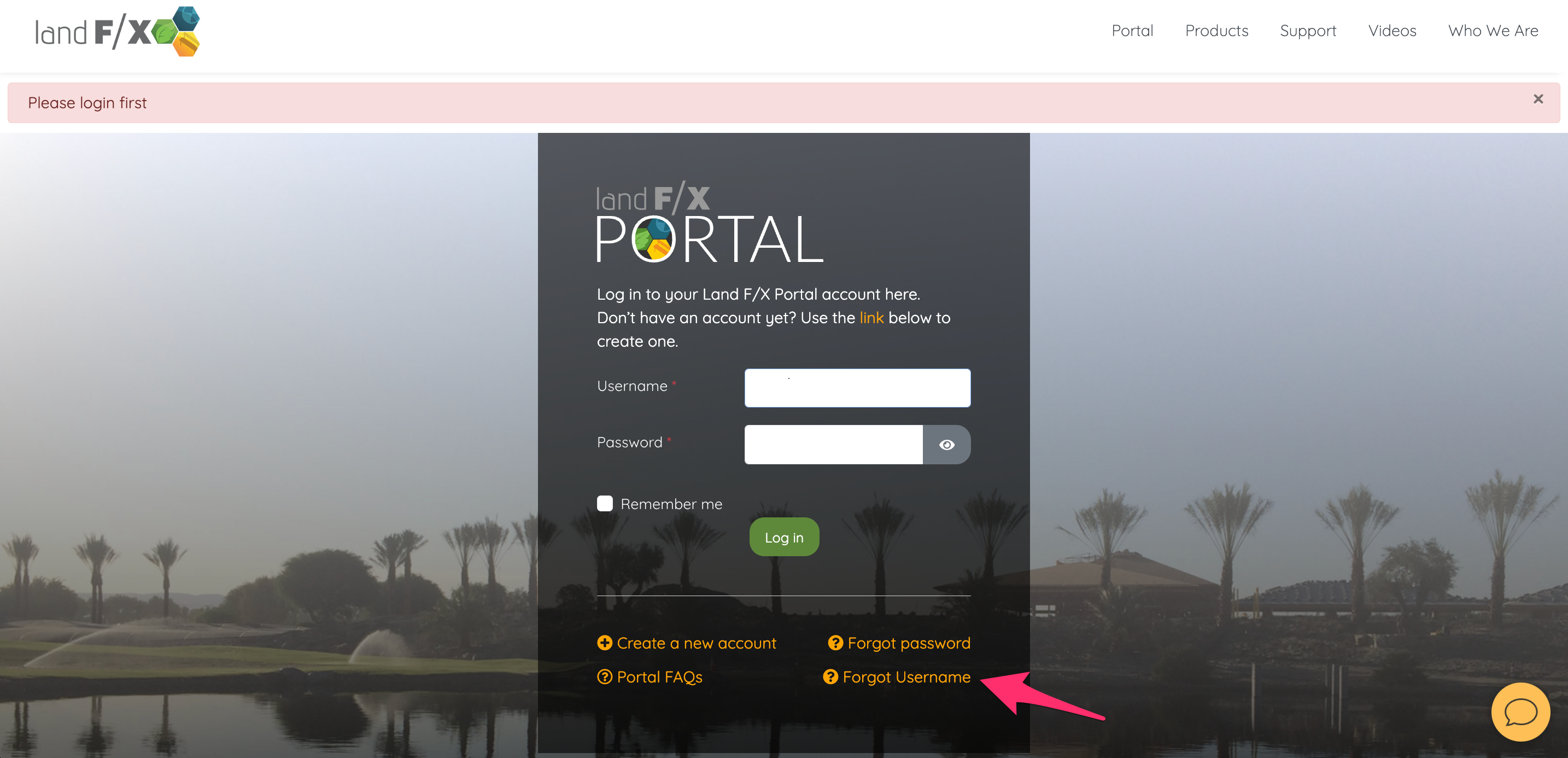 Land F/X Portal login screen, Forgot Username link