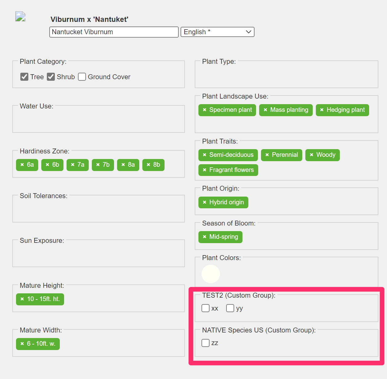 Plant data dialog box showing custom plant groups and fields