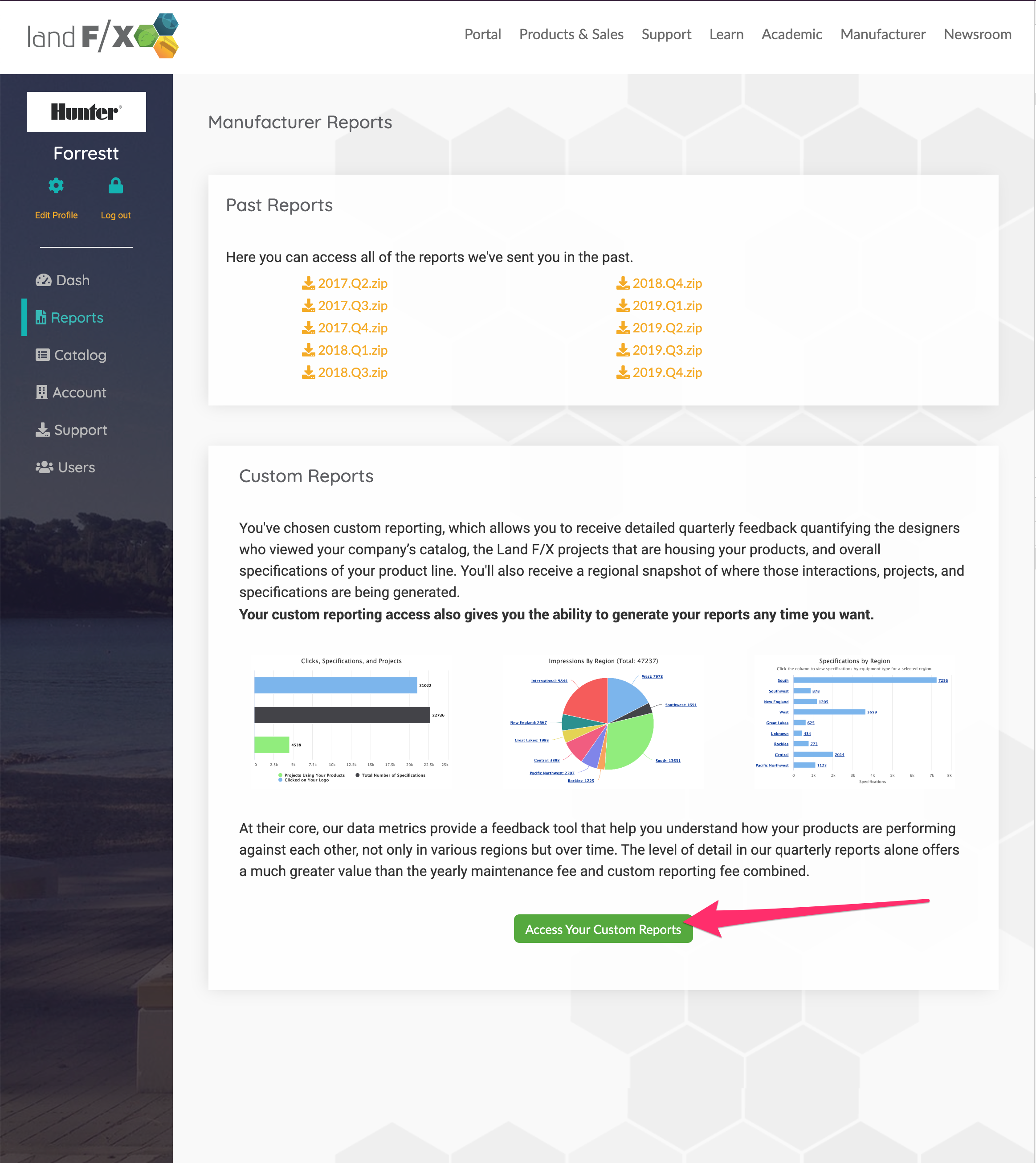 Manufacturer Reports screen, Access Custom Reports button