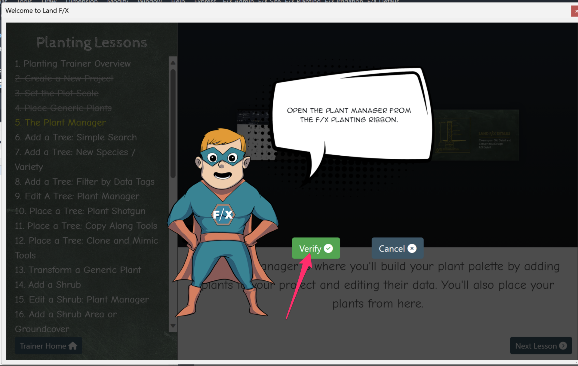 Land F/X Trainer prompt and Verify button