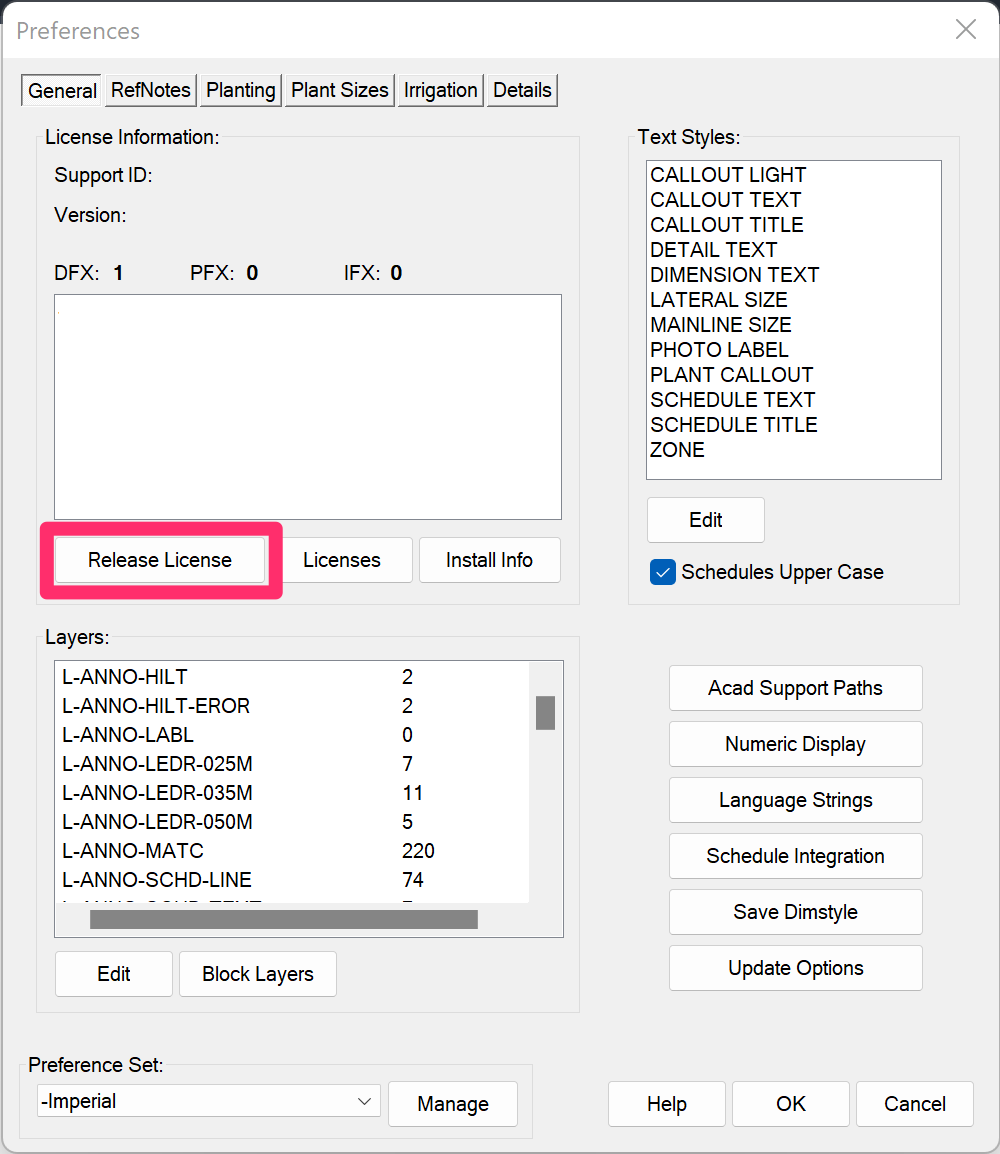 License Manager screen, Release License button