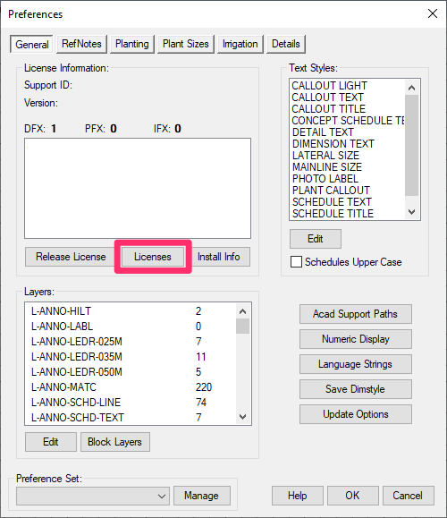 Licenses button in the General Preferences screen