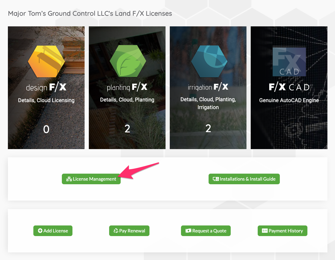 License Manager displayed in Land F/X Portal