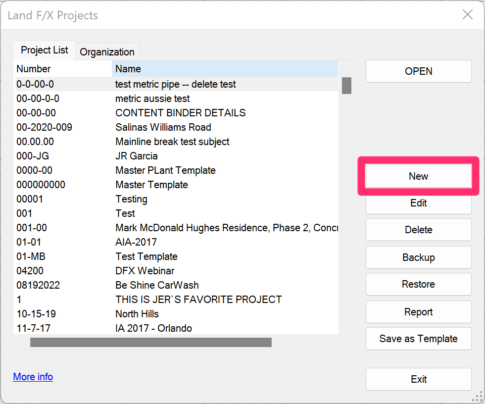 Land F/X Projects dialog box, New button
