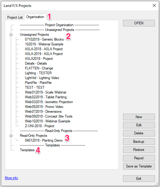 F/X Projects dialog box, Organization tab
