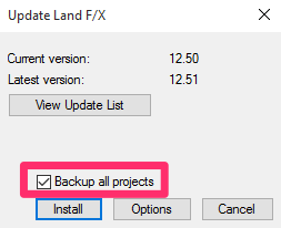 Update dialog box, Backup All Projects option