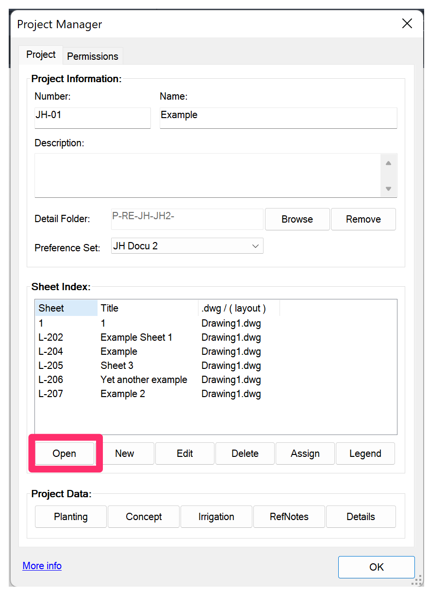 Opening a sheet in the Sheet Index