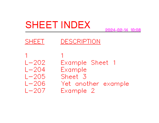 Sheet legend/schedule example