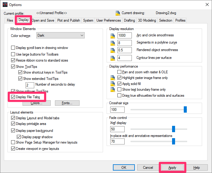 Options dialog box, Display File Tabs option