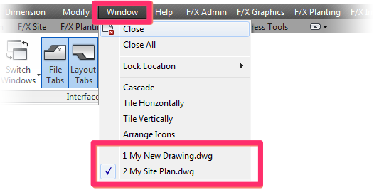 Switching between drawings, Window menu