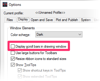 Display tab, Display scroll bars in drawing window option