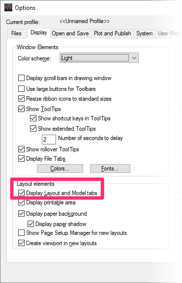 Display tab, option to displau Model and Layout tabs