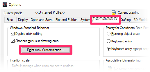 User Preferences tab, Right-Click Customization settings