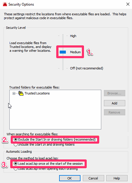 Security Options dialog box, recommended settings