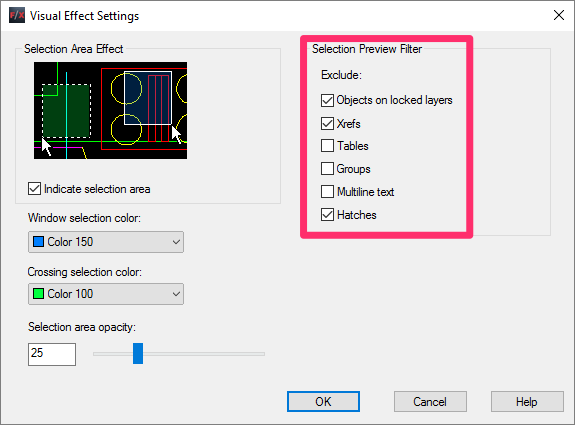 Selection Preview Filter settings