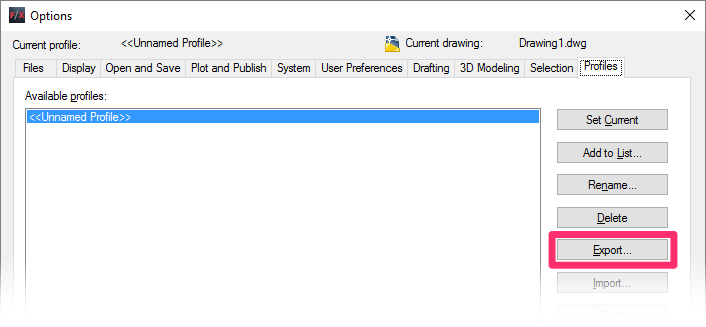 Profiles tab, exporting settings