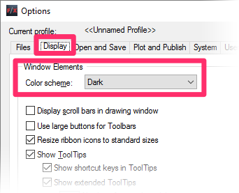 Display tab, Dark theme option