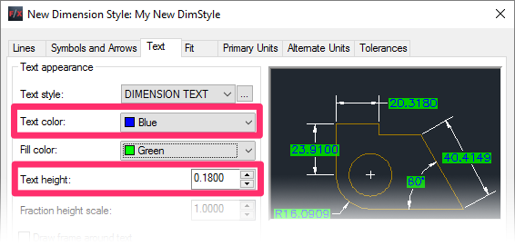 Modifying an existing DimStyle, Text tab – Text Height and Text Color settings