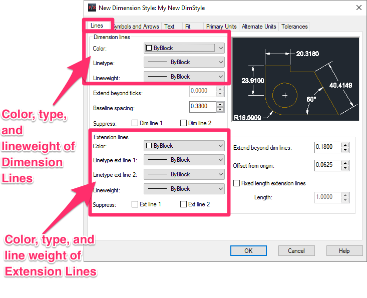 Modifying an existing DimStyle, Lines tab