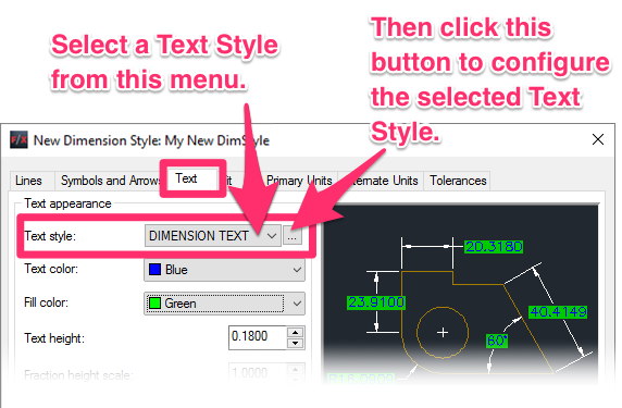 Modifying an existing DimStyle, Text tab