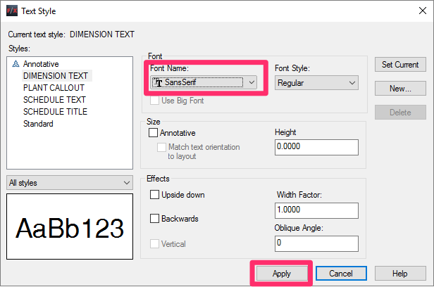 Text Style dialog box, selecting a font