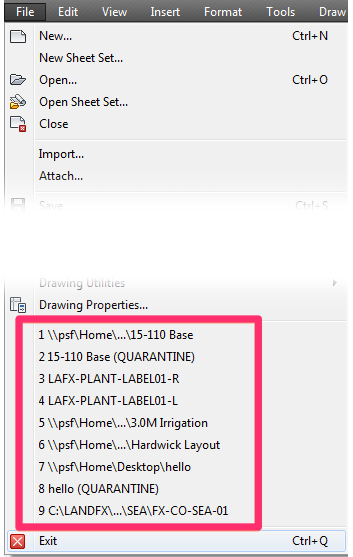 File menu showing recent files