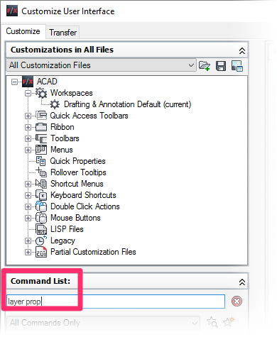 Locating the Layer Properties Manager in Customize User Interface