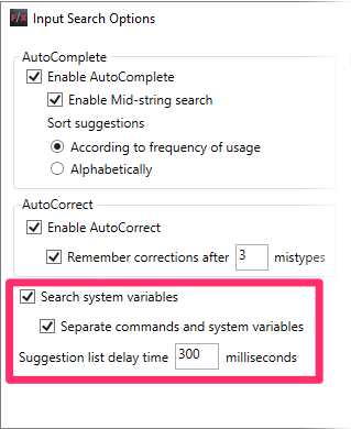 Seach System Variables options