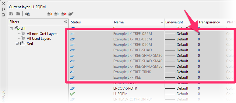 Layers filtered by name, Transparency column