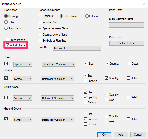 Plant Schedule dialog box, Include Xrefs option