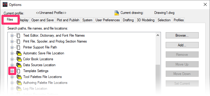 Expanding the Template Settings in the Options dialog box, Files tab