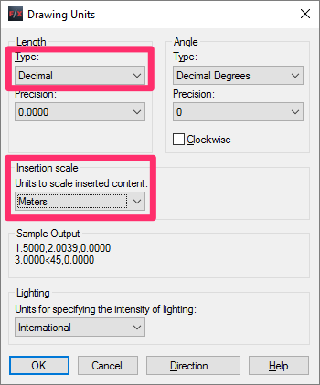 Drawing units set to  Decimal Meters